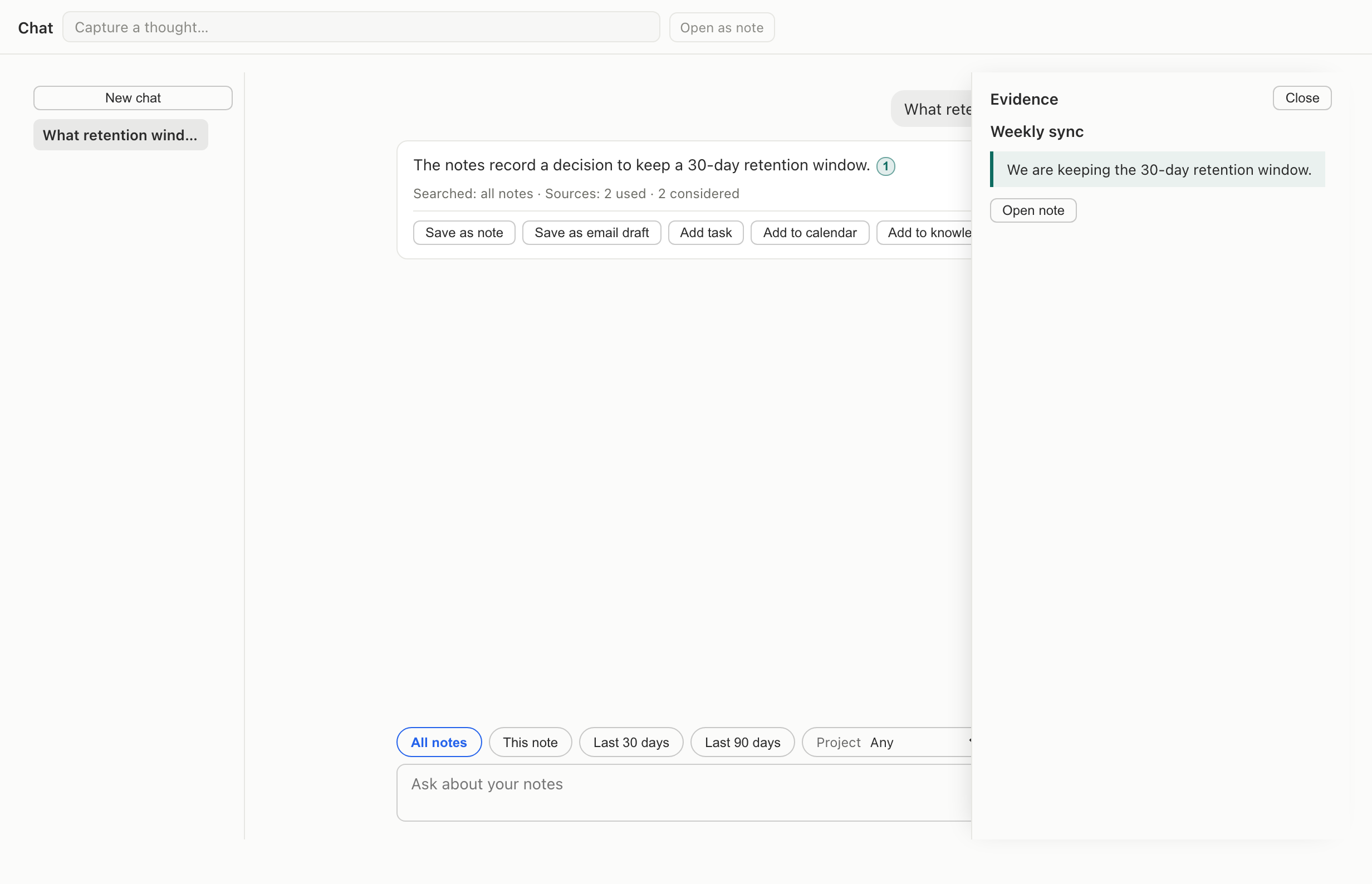Apioni Chat answering a retention question with citation 1 open beside the exact source excerpt.
