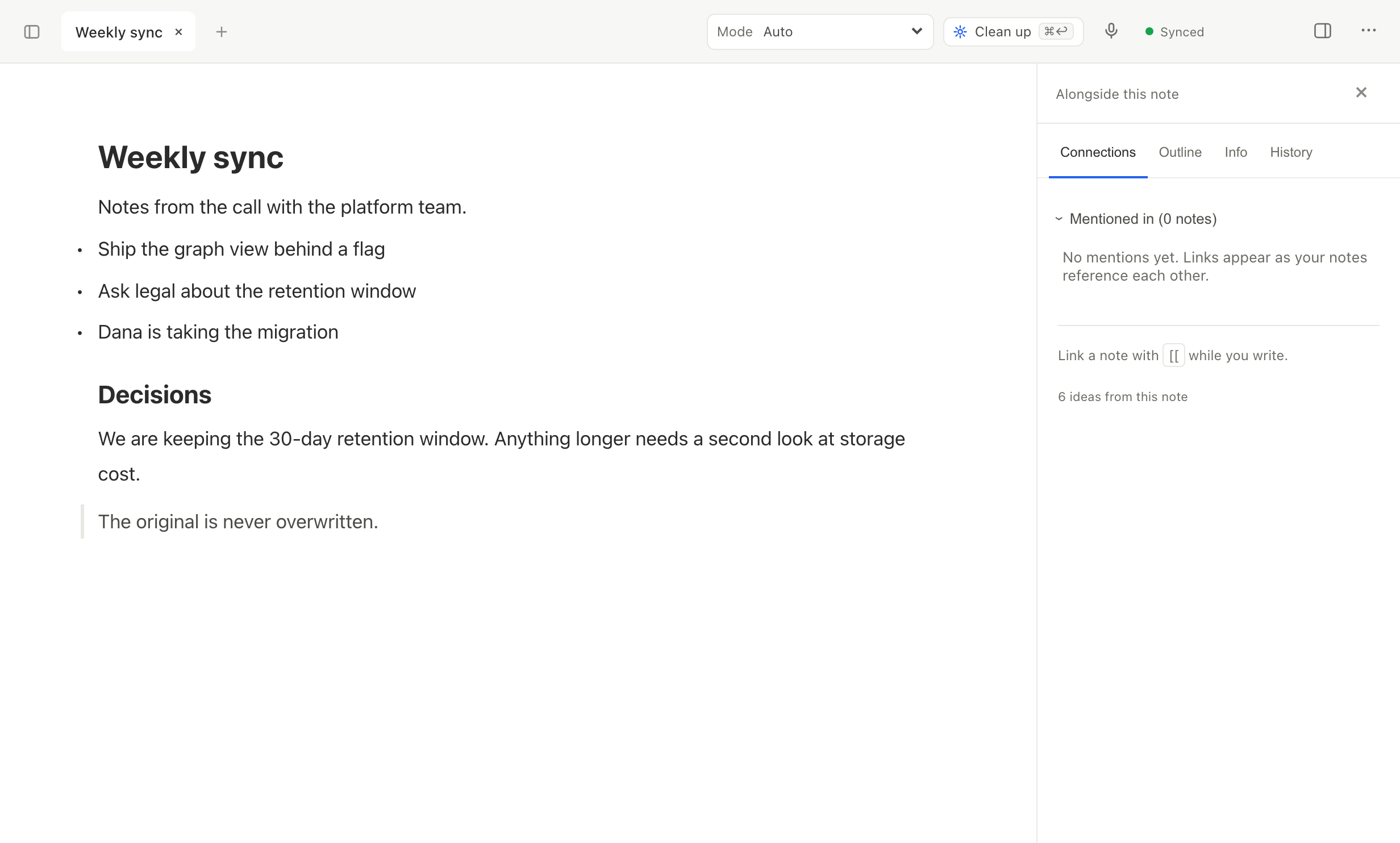 The populated Weekly sync note open in Apioni, with task bullets and its Connections view.