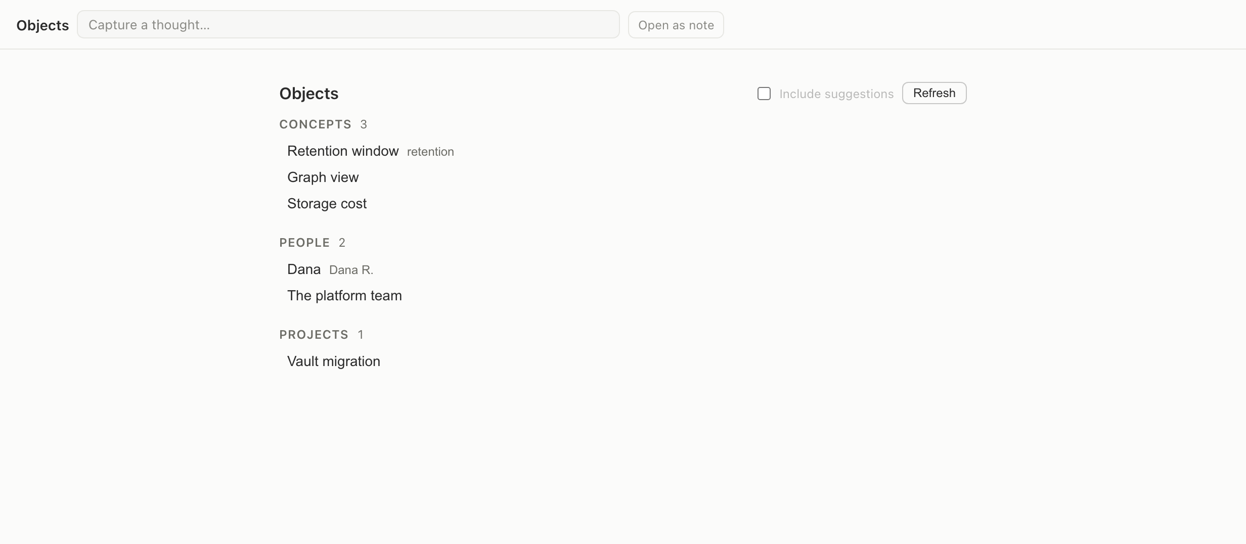 The objects view, listing the concepts, people and projects pulled out of a set of notes.